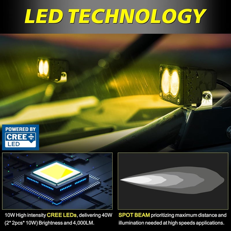 AKD Part Yellow LED Pods, 3 Inch CREE LED Yellow Fog Lights 40W Spot Motorcycle Auxiliary Light Pods Small Offroad Driving Pods Lights 2PCS for Truck Dirt Bike SUV UTV ATV Snowmobile Surron - Image 3